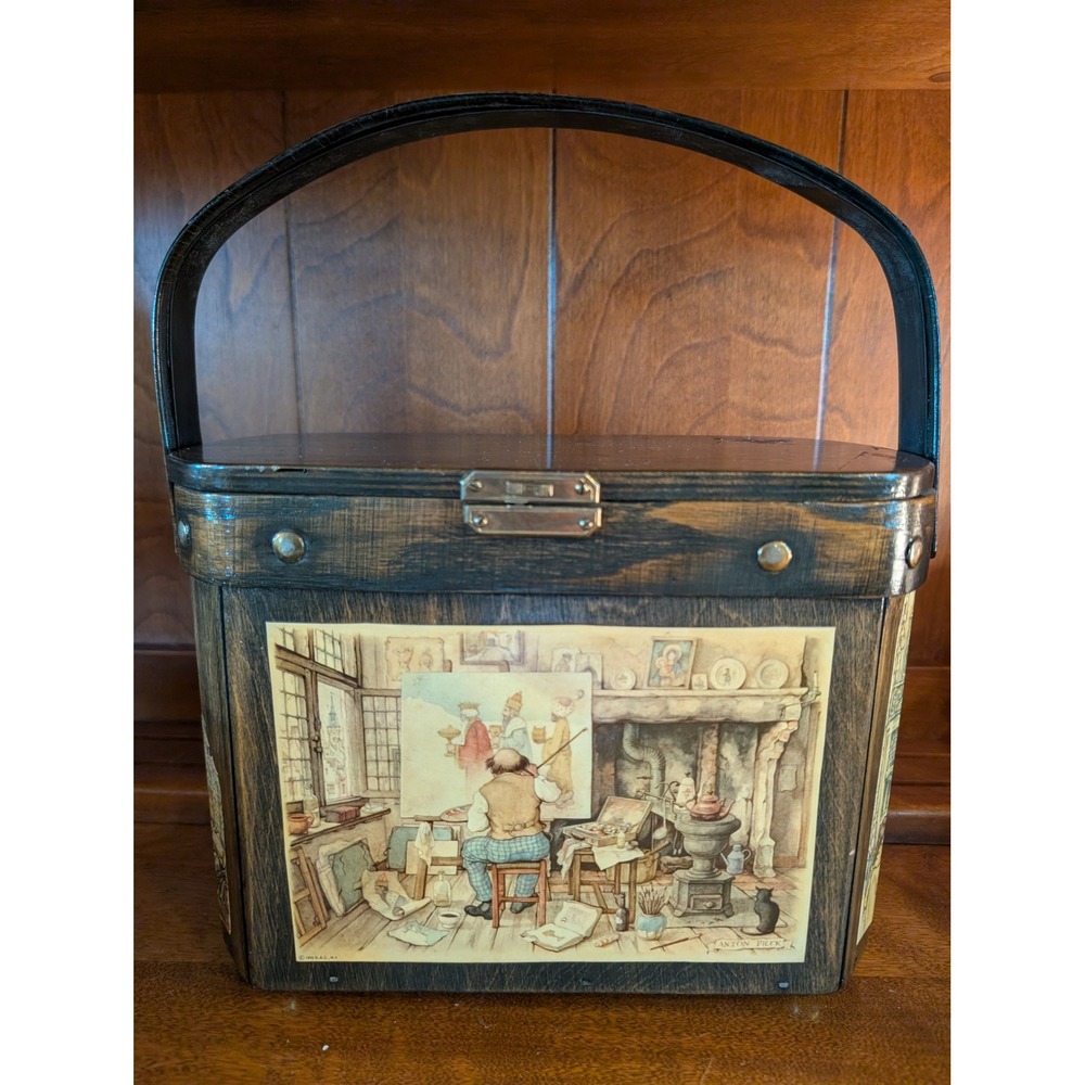 Vintage V.L. Runyan Anton Pieck Decoupage Wood Box Purse Handbag Plaid Lining